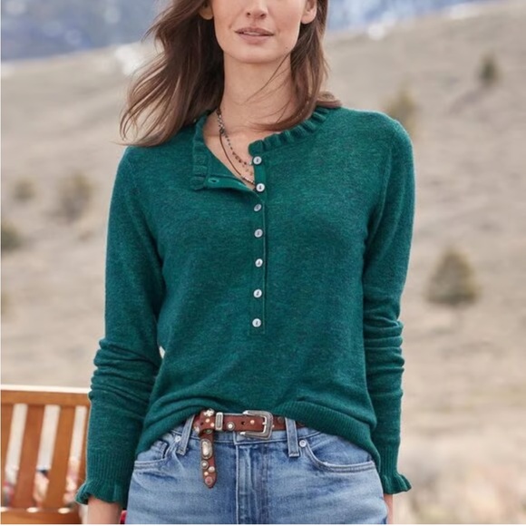 Sundance Catalog Women’s Edwina Henley Sweater Pacific Teal Green Ruffle Size XL - Picture 9 of 9